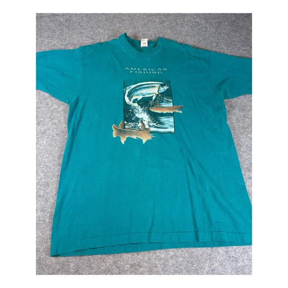 VINTAGE American Fishing Shirt Mens XL Blue Graphic Short Sleeve Tee Streetwear - Picture 1 of 6